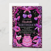 Pink Leopard Cherry Birthday Invitation Kaart (Voorkant / Achterkant)