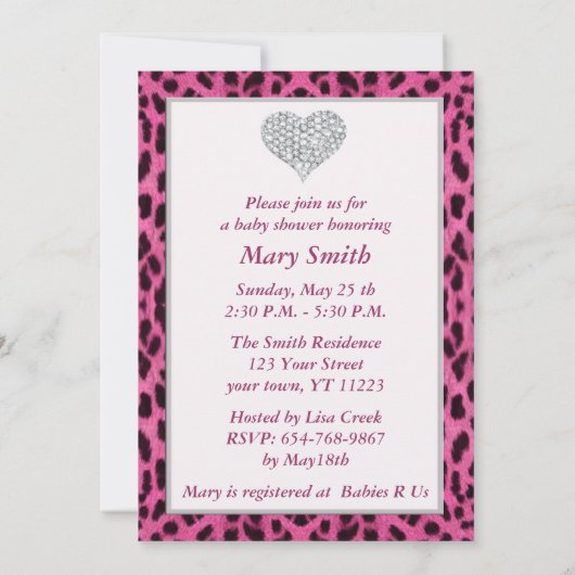 Pink Leopard Diamond Heart Baby shower Uitnodiging (Achterkant)