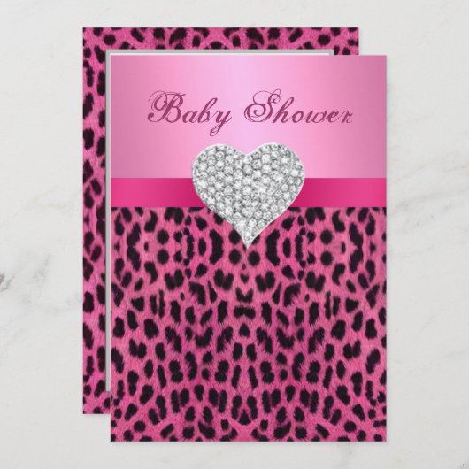 Pink Leopard Diamond Heart Baby shower Uitnodiging (Voorkant / Achterkant)