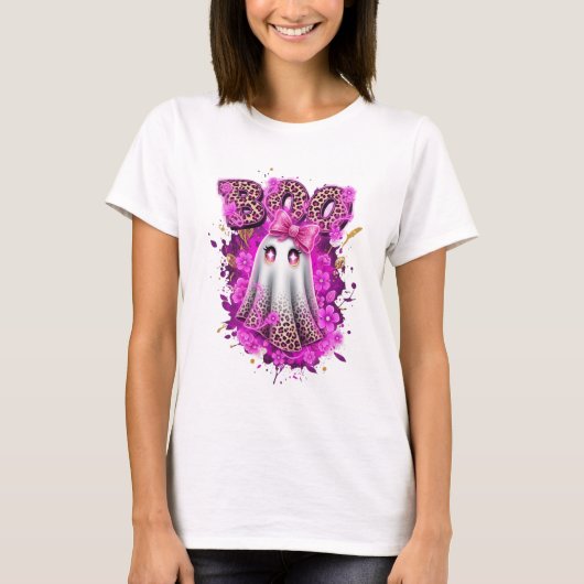 Pink Leopard Ghost BOO Halloween Shirt (Voorkant)