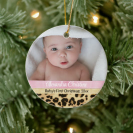 Pink Leopard Girl Babys Eerste kerstfoto Keramisch Ornament