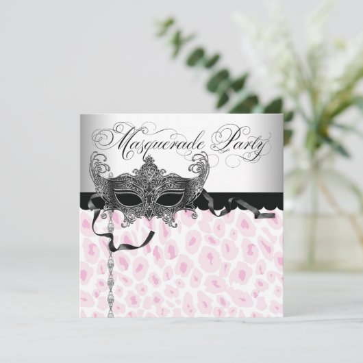 Pink Leopard Masquerade Party Uitnodigingen (Staand voorkant)