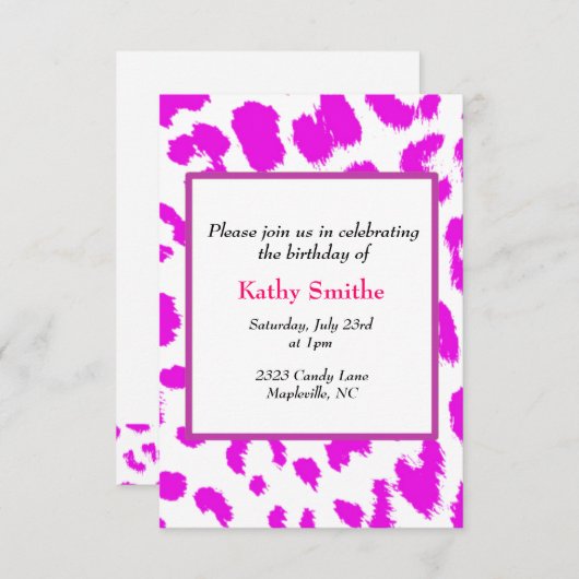 Pink Leopard Pattern Birthday Invitation Kaart (Voorkant / Achterkant)
