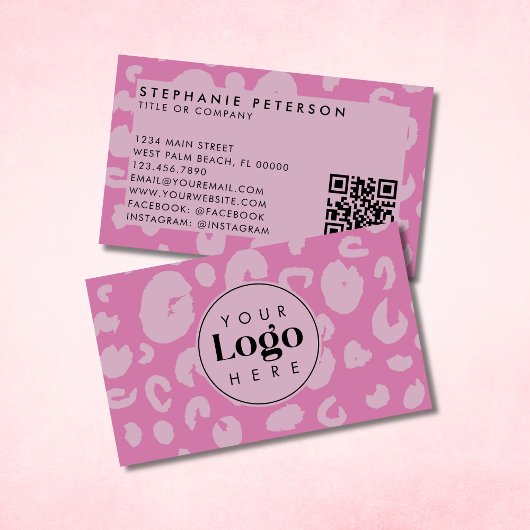 Pink Leopard Print Custom Company Logo QR Code Visitekaartje