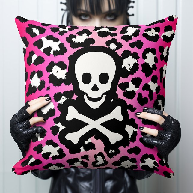 Pink Leopard Print Jolly Roger Pirate Kussen (Creator heeft geüpload)