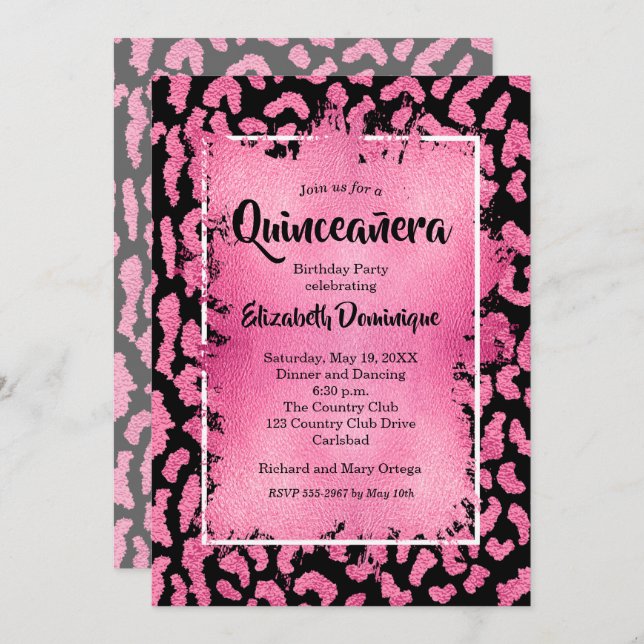 Pink Leopard Quinceañera Birthday Party Invitation (Voorkant / Achterkant)