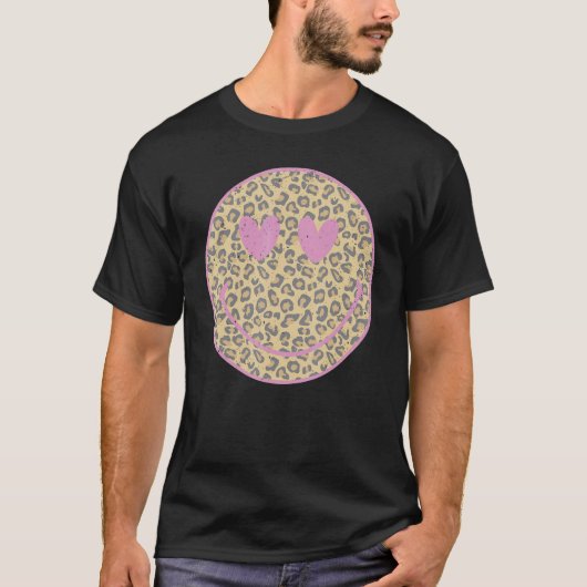 Pink Leopard Smile Face  Heart Eyes Happy Face T-shirt (Voorkant)
