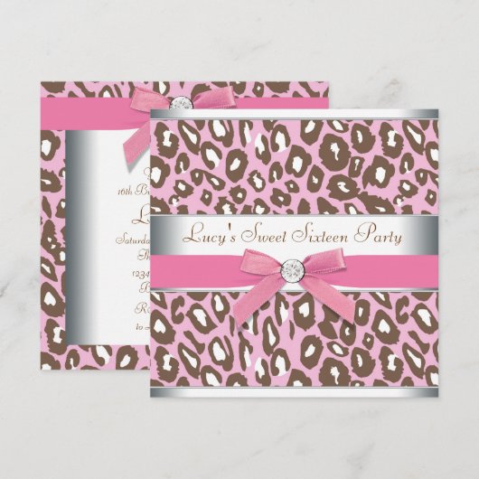 Pink Leopard Sweet 16 Party Kaart (Voorkant / Achterkant)