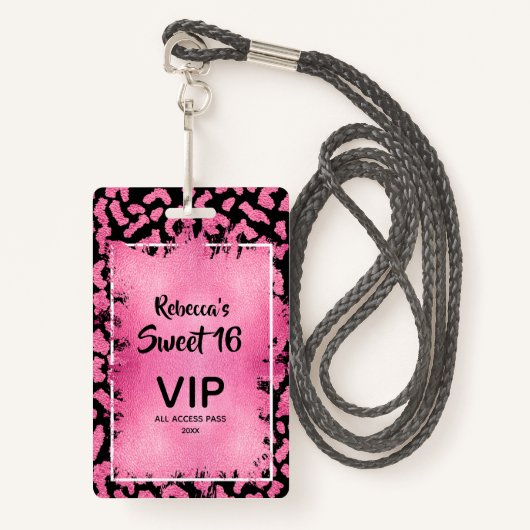 Pink Leopard Sweet 16th Birthday Uitnodigen VIP Pa Badge (Voorkant met draagriem)