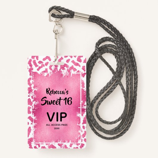 Pink Leopard Sweet 16th Birthday Uitnodigen VIP Pa Badge (Voorkant met draagriem)