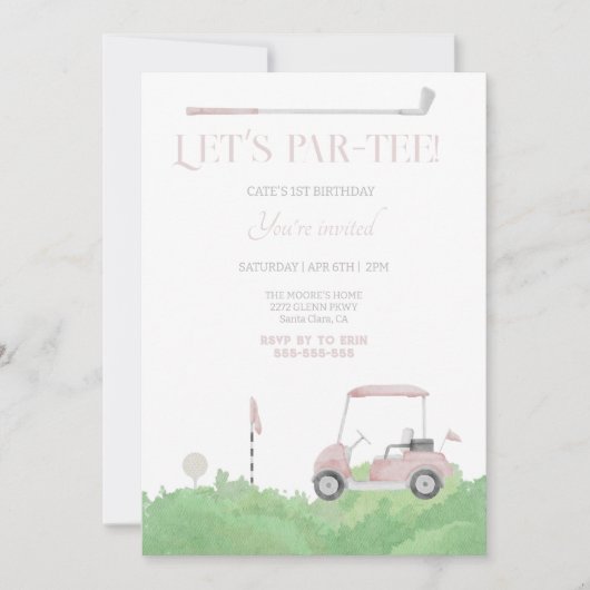 Pink let’s par t-shirt Golf Verjaardagsuitnodiging Kaart (Voorkant)