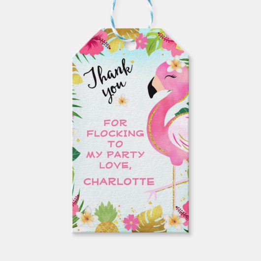 Pink Let's Flamingle Floral Foliage Birthday Cadeaulabel (Voorkant)