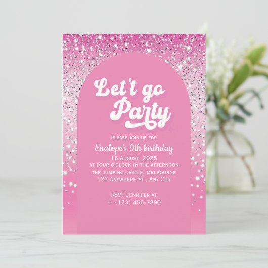 Pink Let's Go Party Uitnodiging voor Verjaardag (Staand voorkant)