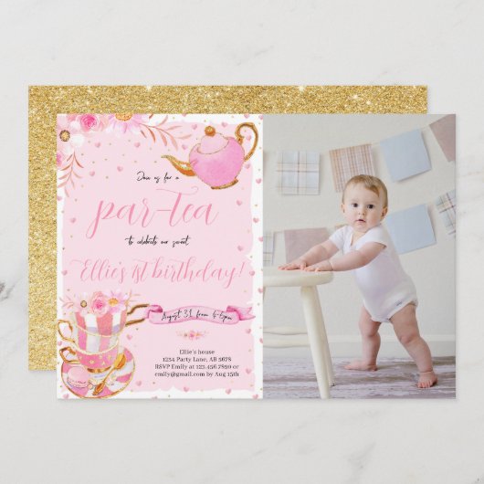 Pink Let's Par-tea Verjaardagsfeestfoto Kaart (Voorkant / Achterkant)