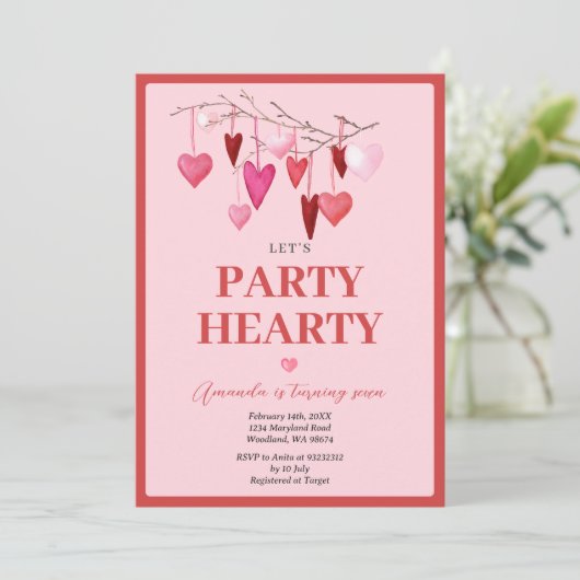 Pink Let's Party Hearty Valentijn Balloon Verjaard Kaart (Staand voorkant)