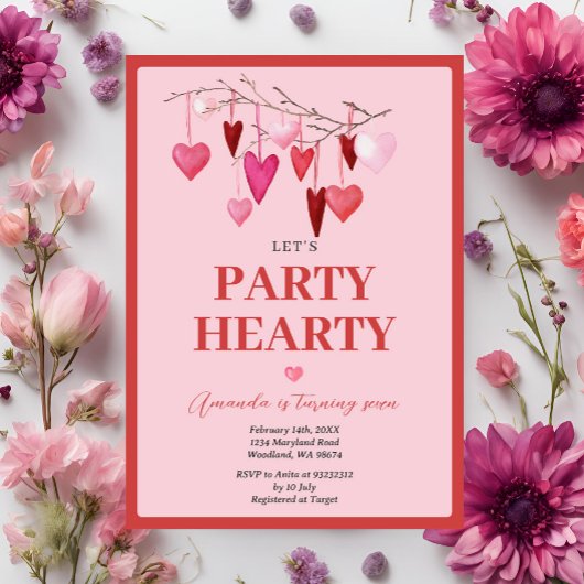 Pink Let's Party Hearty Valentijn Balloon Verjaard Kaart