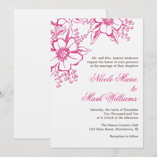 Pink Letterpress Style Wedding Kaart (Voorkant / Achterkant)