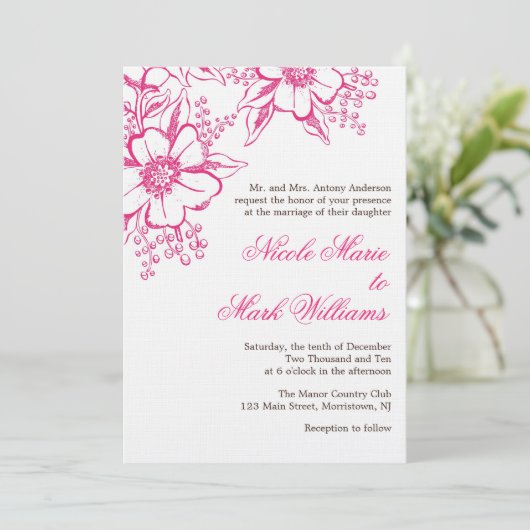 Pink Letterpress Style Wedding Kaart (Staand voorkant)