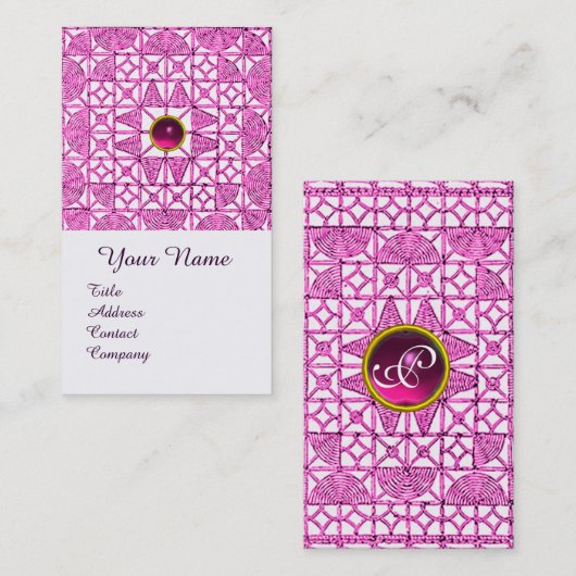 PINK LILA GEOMETRISCHE LACE GEMSTONE MONOGRAM VISITEKAARTJE (Voorkant / Achterkant)