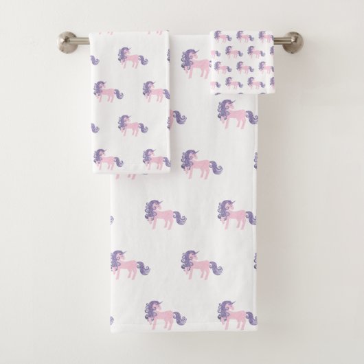 PINK LILA UNICORN WHITE BATHROOM TOWEL SET BAD HANDDOEK (Insitu)