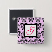 PINK LILA ZWARTE DAMASKWIT-QUARE MONOGRAM VIERKANTE BUTTON 5,1 CM (Voorkant /achterkant)