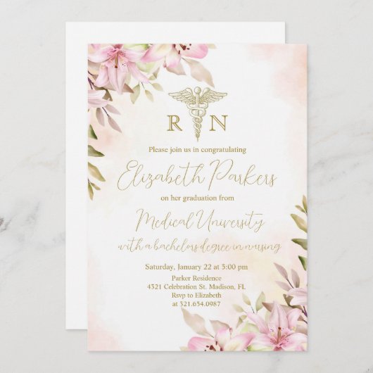 Pink Lilies Verpleegkundig Afstudeerfeest Kaart (Voorkant / Achterkant)