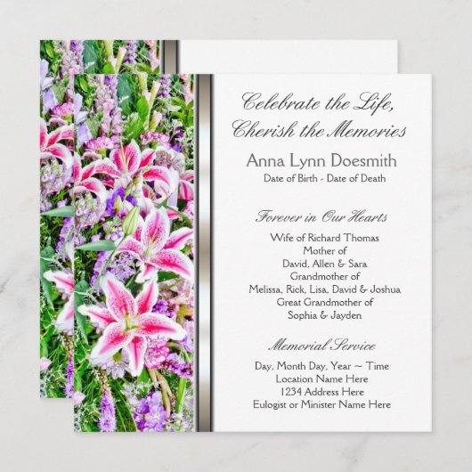Pink Lily Begrafenis Aankondigingen (Voorkant / Achterkant)
