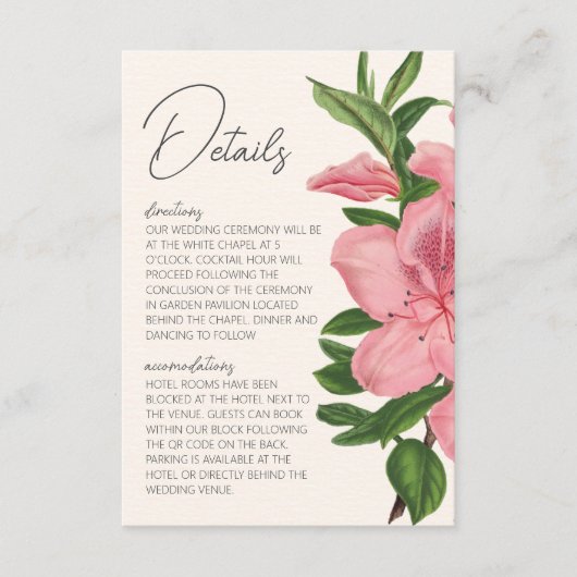 Pink Lily Floral Modern QR Code Wedding Details Informatiekaartje (Voorkant)