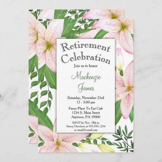 Pink Lily Floral Retirement Uitnodiging (Voorkant / Achterkant)
