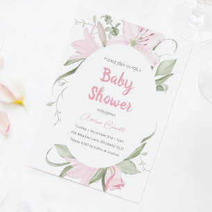 Pink Lily Flowers Green Leaves Baby shower Kaart