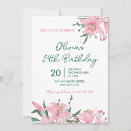 Pink Lily Garden Birthday Party Invitation Kaart