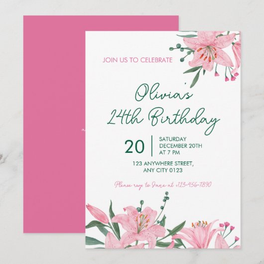 Pink Lily Garden Birthday Party Invitation Kaart (Voorkant / Achterkant)