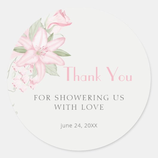 Pink Lily Green Leaves Baby shower Bedankt Ronde Sticker (Voorkant)