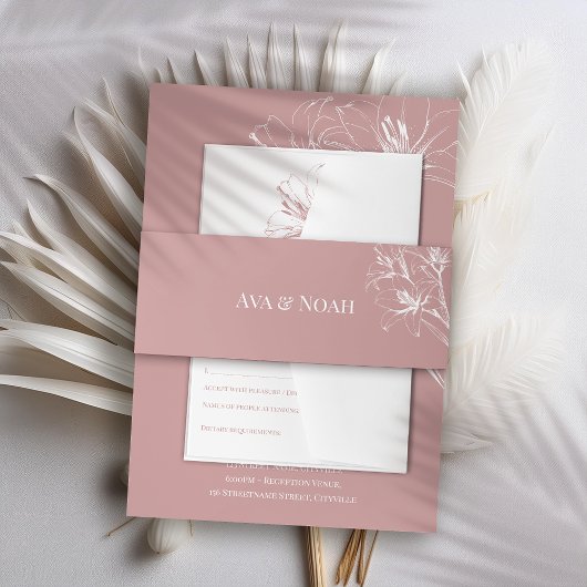 Pink Lily Outline Wedding Invitation Belly Band Uitnodigingen Wikkel