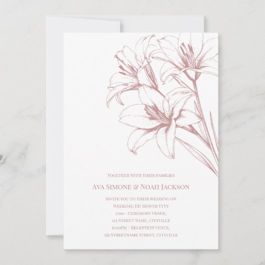 Pink Lily Outline Wedding Kaart (Voorkant)