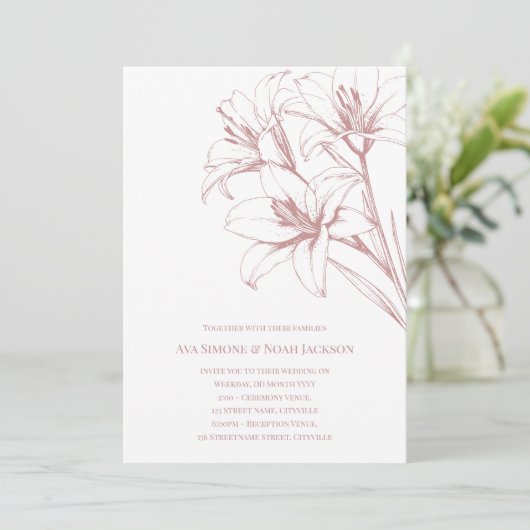 Pink Lily Outline Wedding Kaart (Staand voorkant)