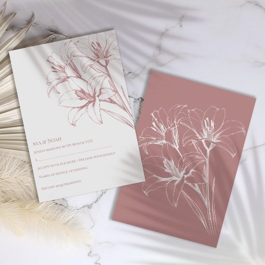 Pink Lily Outline Wedding RSVP Kaartje