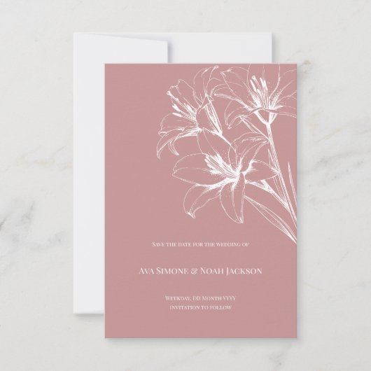 Pink Lily Outline Wedding Save The Date (Voorkant)