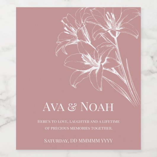 Pink Lily Outline Wedding Wijn Etiket (Enkel label)