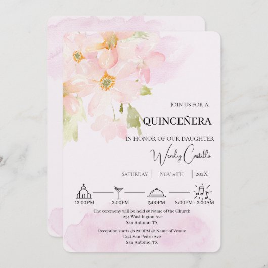 Pink lily quinceañera kaart (Voorkant / Achterkant)