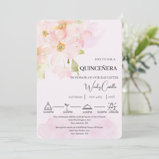 Pink lily quinceañera kaart (Staand voorkant)