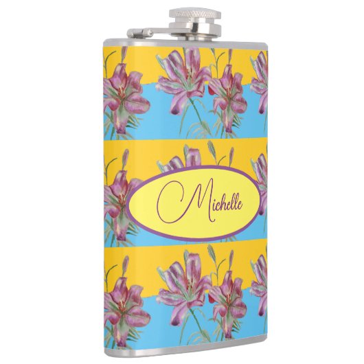 Pink Lily Waterverf Schilderende meisjes Kunst 532 Heupfles (Rechts)