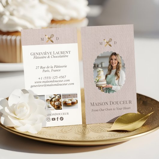 Pink Linen Elegant Chic Bakery Gold Whisk Photo  Visitekaartje