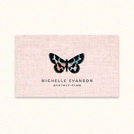 Pink Linen Watercolor Butterfly Logo Elegant Visitekaartje