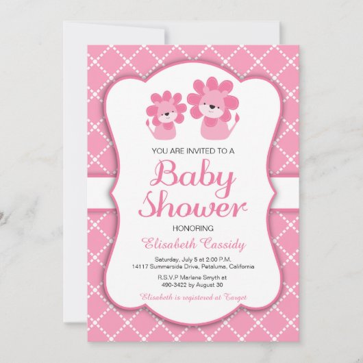 Pink Lion, Chevron Girl Baby shower Uitnodiging (Voorkant)