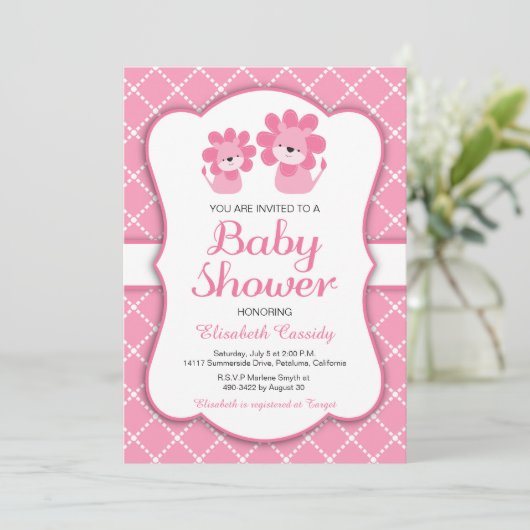 Pink Lion, Chevron Girl Baby shower Uitnodiging (Staand voorkant)