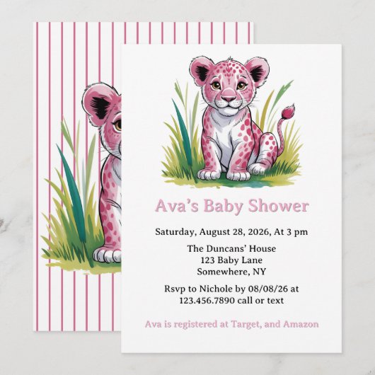 Pink Lion Girl Baby shower Kaart (Voorkant / Achterkant)