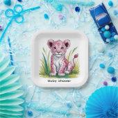 Pink Lion Girl Baby shower Papieren Bordje (Feest)