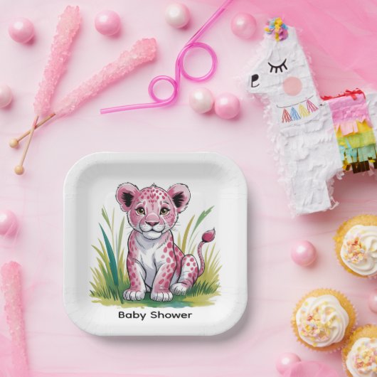 Pink Lion Girl Baby shower Papieren Bordje (Feest)