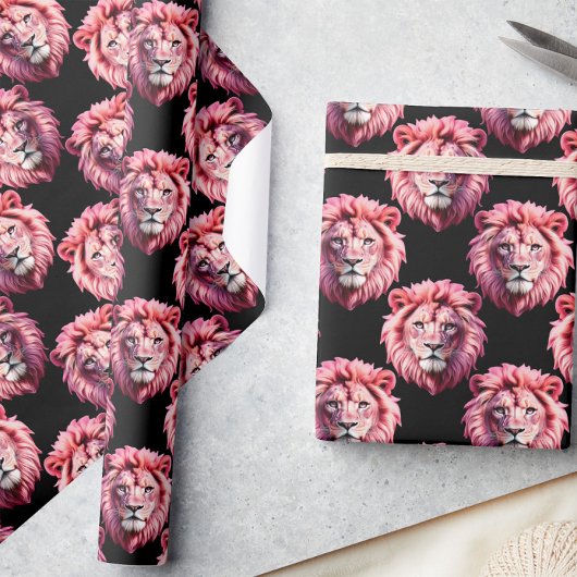 Pink Lion Head Animal Pattern Design - Black  Cadeaupapier